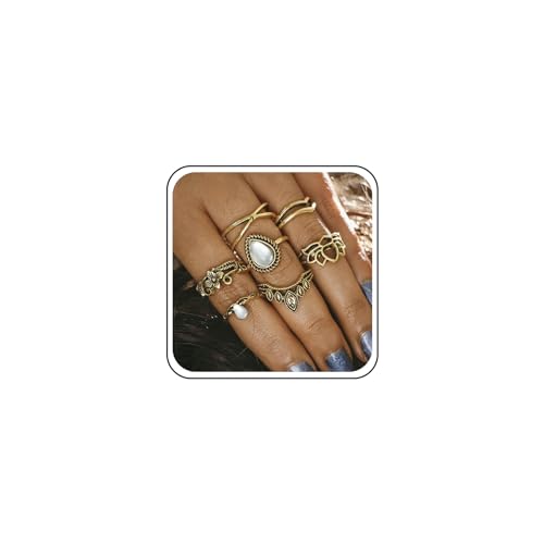 TseenYi Boho Knöchelringe Gold Yoga Lotus Ringe Set Stapeln Retro Mondstein Gelenkringe Vintage Midi Ringe Mode Hand Accessoires Schmuck für Frauen und Mädchen von TseenYi