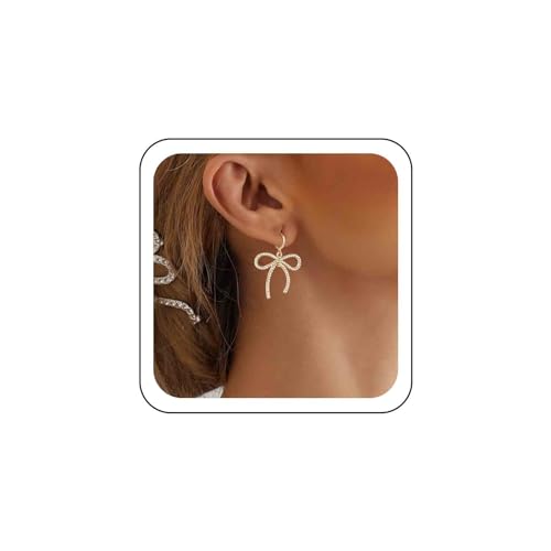 TseenYi Boho Kristall Bogen Tropfen Ohrringe - Gold Strass Bowknot Band Reifen Vintage Cz Fliege Baumeln Schmuck - Funkelnde Cz Bogen Braut Ohrringe Für Frauen Und Mädchen von TseenYi
