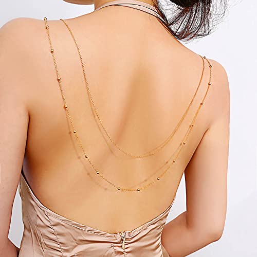 TseenYi Boho Layered Copper Bead Back Halskette Gold Bead Backdrop Halskette Bridal Multilayer Copper Beads Back Drop Necklac Sommer Neckholder Back Chain Wedding Backless Chain Schmuck Frauen Mädchen von TseenYi