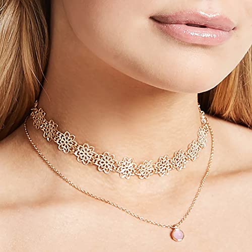 TseenYi Boho-Lotus-Blumen-Halsband Halskette Halskette mehrschichtigem Kristallanhänger Choker-Schlüsselbeinkette mit Goldausschnitt Blume Kurzhalskette Schmuck für Frauen und Mädchen von TseenYi
