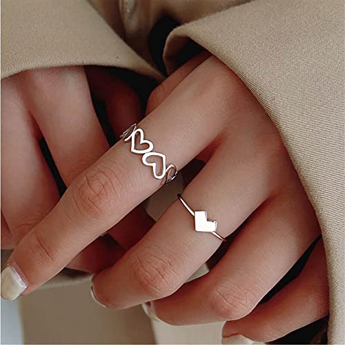 TseenYi Boho Love Heart Knöchelringe Set Offene verstellbare Stapelringe Hohles Herz Midi Fingerringe Silber Herz Gliederringe Sommer Strand Schmuck für Frauen und Mädchen (2 Stück) von TseenYi