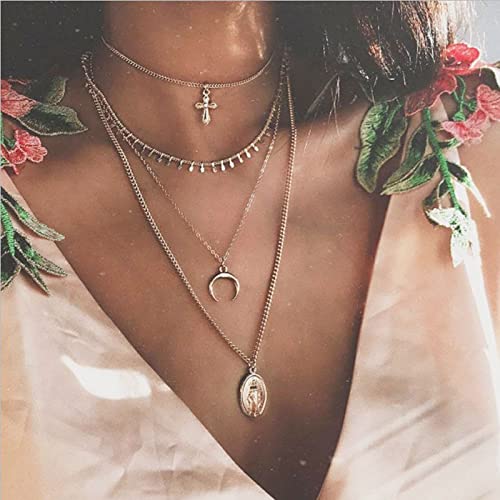 TseenYi Boho Mehrschichtige Halskette Choker Gold Kreuz/Mond/Anhänger Münze Mehrschichtige Lange Halsketten Mode Halsketten Sommer Strand Schmuck Für Frauen Und Mädchen(1 Stück) von TseenYi