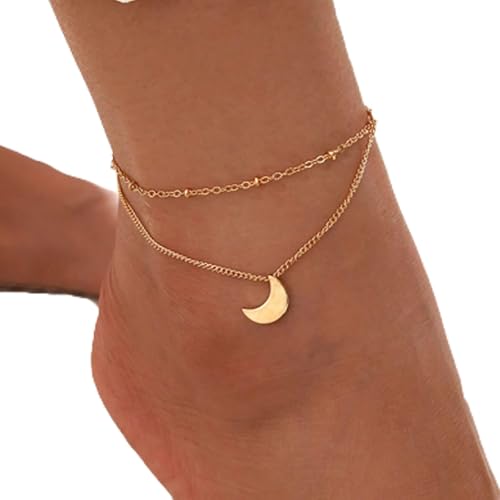 TseenYi Boho Mond Geschichtet Fußkettchen Armband Gold Satellitenkette Fußkettchen Vintage Mondsichel Fußkettchen Kleine Perlen Fußkette Sommer Strand Fußschmuck Für Frauen Und Mädchen Geschenke von TseenYi