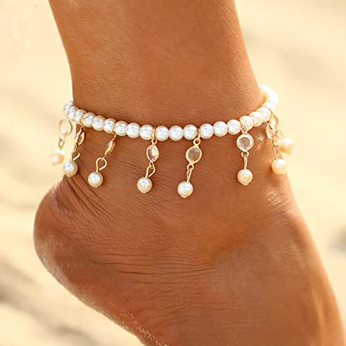 TseenYi Boho Perle Fußkettchen Armband Perle Kristall Perlen Fußkettchen Vintage Perle Baumeln Fransen Fußkette Gold Kristall Quaste Fußkettchen Sommer Strand Fußschmuck Für Frauen Und Mädchen von TseenYi