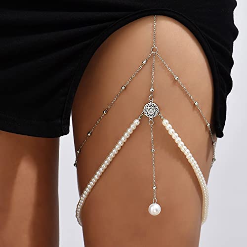 TseenYi Boho Perle Oberschenkel Kette Silber Perle Anhänger Oberschenkel Kette Geschichtete Perle Taseel Oberschenkel Kette Mehrschichtige Kette Lange Perle Bein Kette Sommer Schmuck Frauen Mädchen von TseenYi