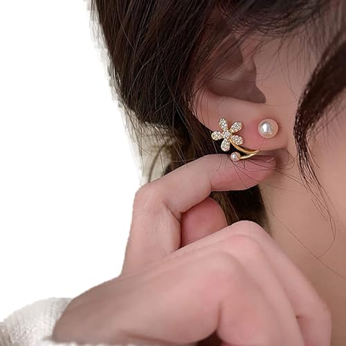TseenYi Boho Goldene Perlen-Ohrstecker Hochzeit Perle Cz Ohrringe Kristall Blume Vorne Zurück Ohrringe Glanz Braut Ohrstecker Schmuck Für Frauen Und Mädchen von TseenYi