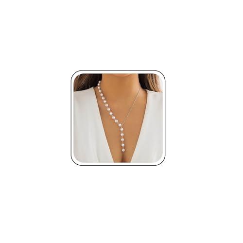 TseenYi Boho Perle Y Lariat Halskette Silber Perle Y Form Halskette Lange Perle Perlen Lariat Halskette Vintage Perle Tropfen Y Halskette Lange Perle Baumeln Choker Halskette Perle Lange Halskette von TseenYi