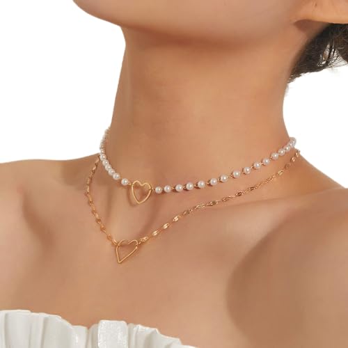 TseenYi Boho Perlen Choker Halskette Geschichtetes Herz Anhänger Perlenkette Vintage Perlenstrang Choker Gold Herz Liebe Clavcile Halskette Schmuck Für Frauen Und Mädchen von TseenYi