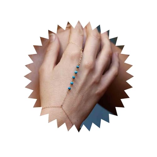 TseenYi Boho Perlen Finger Ring Armband Türkis Perlen Hand Ketten Handgeschirr Kette Strand Hochzeit Schmuck Für Frauen Und Mädchen（gold 1 Stück von TseenYi