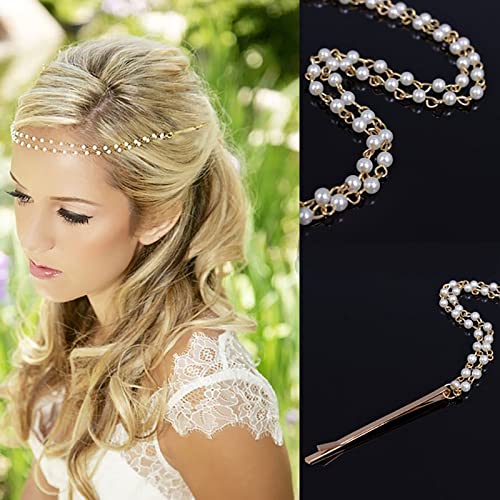 TseenYi Boho Perlenkopfkette Kopfschmuck Gold geschichtete Perlenhaarkette Perlenperle indische Haarkette Perle Taseelkette Haarkette Stirnkette Braut Hochzeit Schmuck für Frauen und Mädchen von TseenYi
