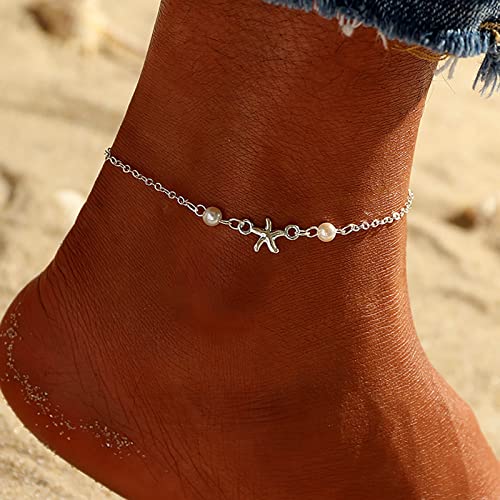 TseenYi Boho Seestern Fußkettchen Armband Silber Perle Fuß Fußkettchen Ocear Stern Fußkettchen Kette Vintage Perlenkette Fußkette Sommer Strand Fußschmuck Für Frauen Und Mädchen Geschenke von TseenYi