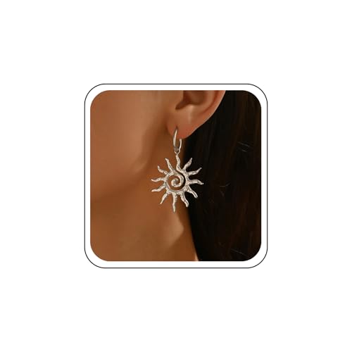 TseenYi Boho Sonne Reif Ohrringe Silber Sonnenschein Baumeln Tropfen Ohrringe Übertrieben Sunburst Huggie Baumeln Ohrring Große Sonnenblume Reif Ohrring Erklärung Charme Schmuck von TseenYi