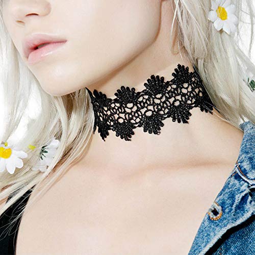 TseenYi Boho Spitze Halskette Choker Kurz Schwarz Hohl Blume Tattoo Halskette Kette Gothic Sexy Schlüsselbein Kette Halsketten Schmuck für Frauen und Mädchen (Schwarz) von TseenYi