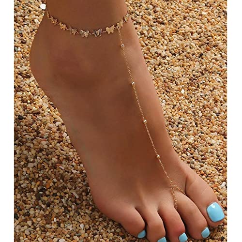 TseenYi Boho Strand Barfußsandalen Fußkettchen Gold Schmetterling Strand Zehenknöchelchen Kleine Perlenkette Barfuß Fußkette Retro Sandalen Fußkettchen Kette Strand Fußschmuck Für Frauen Und Mädchen von TseenYi