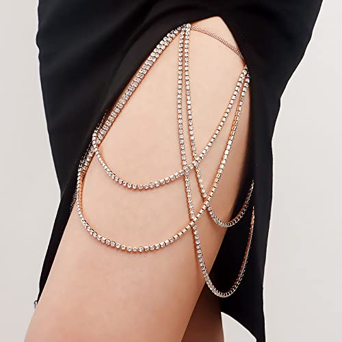 TseenYi Boho Strass Bein Oberschenkel Kette Geschichtet Kristall Oberschenkel Hohe Kette Strass Quaste Bein Kette Bikini Nachtclub Körper Kette Sommer Strand Schmuck Für Frauen Und Mädchen(Gold) von TseenYi