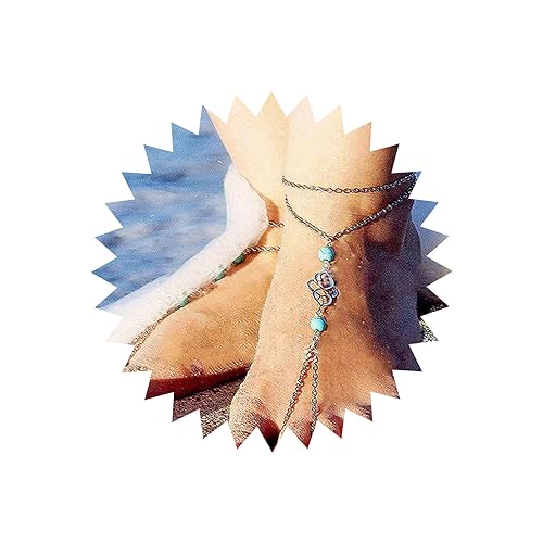 TseenYi Boho Türkis Barfuß Sandalen Silber Layering Knöchel Armband mit Zehenring Fußkette Sommer Strand Fußkette Zubehör Schmuck für Frauen und Mädchen 1 Stück von TseenYi