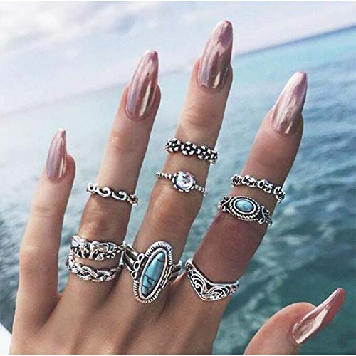 TseenYi Boho Vintage Ringe Set Silber Gelenk Knöchel Finger Ringe Strass Türkis Stapelbare Midi Ringe Mode Hand Zubehör Schmuck für Frauen und Teenager Mädchen (Muster 3) von TseenYi