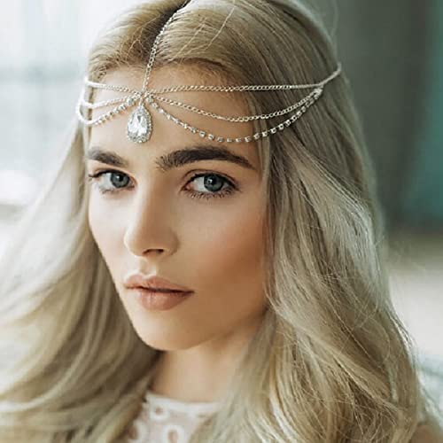TseenYi Boho haarkette kristall anhänger kopf kette schichtung strass stein quaste prinzessin kette schmuck für frauen und mädchen hochzeit valentinstag's Tag (Silber) von TseenYi