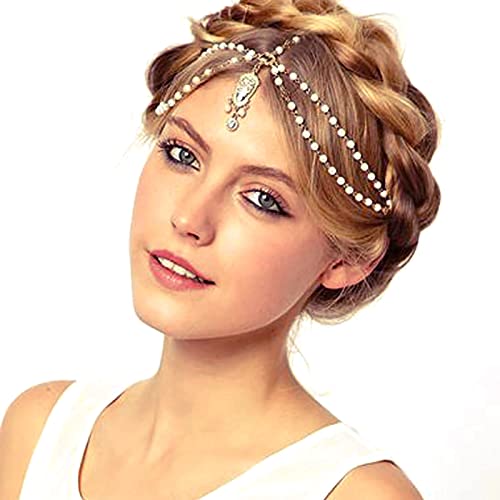 TseenYi Boho haarkette kristall perlen anhänger kopf kette strassstein perlenbesetzte quaste prinzessin kette schmuck für frauen und mädchen hochzeit valentinstag's Tag (Gold) von TseenYi