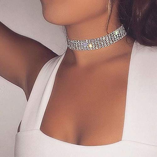 TseenYi Breite Strass Kette Halskette Choker Layering Silber Tennis Kette Halskette Kurze glänzende Halsketten Schmuck für Frauen und Mädchen, 1 Count (Pack of 1), Metall Silber, Strass von TseenYi