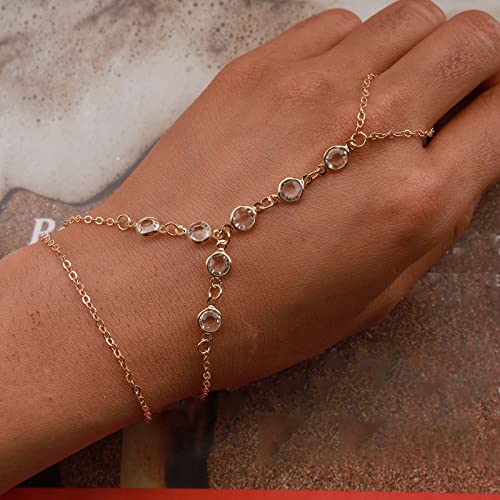 TseenYi Crystal Slave Finger Ring Armband Boho Layered Finger Ring Armband Fashion Slave Armband Kette Strand Hochzeit Schmuck für Frauen und Mädchen (Gold 1 Stück) von TseenYi