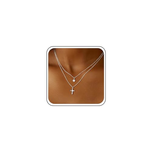 TseenYi Cz Kreuz Anhänger Halskette Boho Kreuz Kreuz Halskette Silber Geschichtet Kreuz Choker Halskette Funkelnde Kristall Anhänger Schichtung Halskette Kettenschmuck Für Frauen Und Mädchen von TseenYi