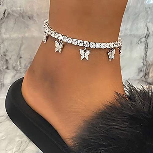 TseenYi Cz Tennis Schmetterling Fußkettchen Armband Silber Strass Kette Fußkettchen Schmetterling Anhänger Cz Knöchel Armband Schmetterling Quaste Fußkettchen Sommer Strand Schmuck Frauen Und Mädchen von TseenYi