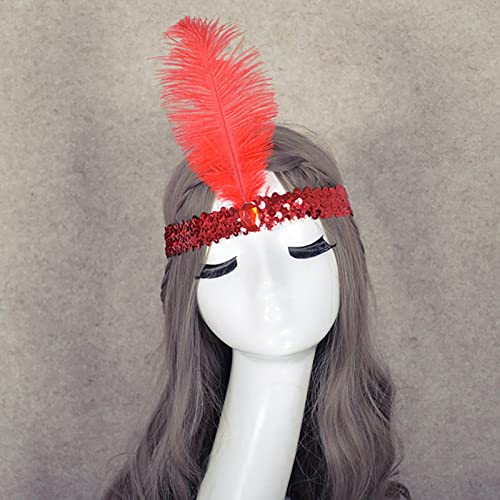 TseenYi Elastische Pailletten Stirnband Haarband Boho Pailletten Feder Kopfteil Haar krawatte Schmuck für Frauen und Mädchen Weihnachten Bühnenperformance(rot) von TseenYi