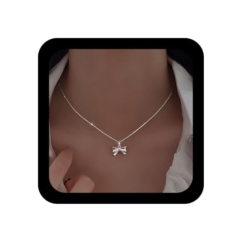 TseenYi Fliege Halskette Silber Schleife Knoten Anhänger Halskette Kleine Fliege Anhänger Halskette Winzige Perlen Kette Halskette Minimalistische Choker Halskette Kettenschmuck Für Frauen Und Mädchen von TseenYi