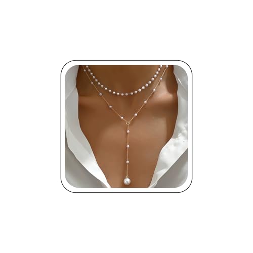 TseenYi Geschichtet Perle Lariat Halskette Gold Perle Y Form Halskette Vintage Perlen Y Tropfen Halsketten Geschichtet Perlen Satelliten Kette Lariat Halskette Braut Hochzeit Schmuck von TseenYi