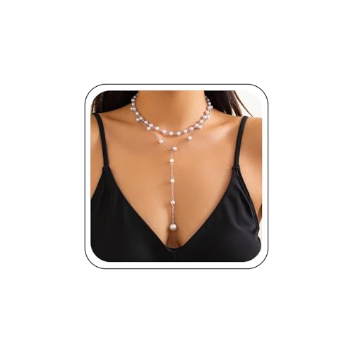 TseenYi Geschichtet Perle Lariat Halskette Silber Perle Y Form Halskette Vintage Perlen Y Tropfen Halsketten Geschichtet Perlen Satelliten Kette Lariat Halskette Braut Hochzeit Schmuck von TseenYi
