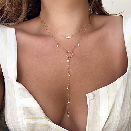 TseenYi Geschichtete Perle Y Lariat Halskette Choker Goldene Perlenkette Halskette Double Layer Pearl Drop Y Lariat Halskette Braut Perle Y Choker Halskette Hochzeitsschmuck für Frauen und Mädchen von TseenYi