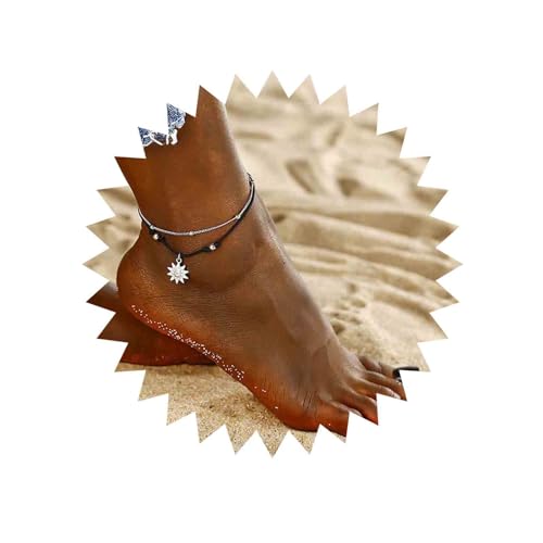 TseenYi Geschichtetes Sonnenseil Fußkettchen Armband Boho Sonnenblume Anhänger Fußkettchen Silber Perlenkette Fußkettchen Schwarze Seilkette Fußkette Sommer Strandschmuck für Frauen und Mädchen von TseenYi