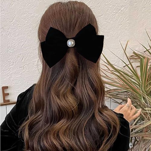 TseenYi Große Haarschleife Clips Schleife Samt Haarspange Schwarz Satinschleife Haarspange Schleifenknoten Samt Haarspange Kopfbedeckung Winter Perlenband Schleife Kopfbedeckungen Haarschmuck von TseenYi