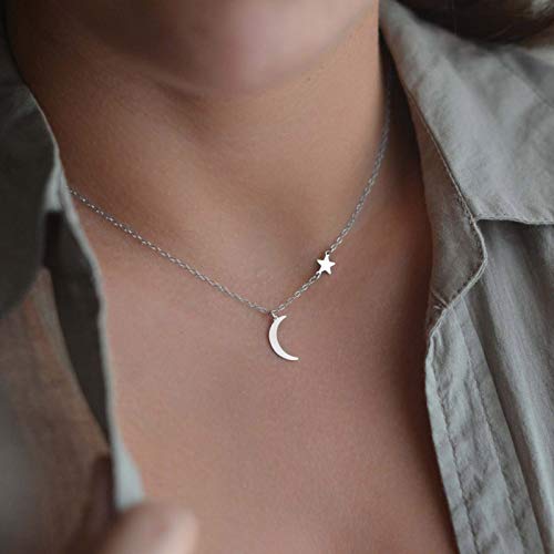 TseenYi Halskette mit Mond-Anhänger, winziger goldener Stern, Choker-Halskette, Boho-Kette, Schmuck für Damen und Mädchen, 1 Count (Pack of 1), Metall Silber von TseenYi