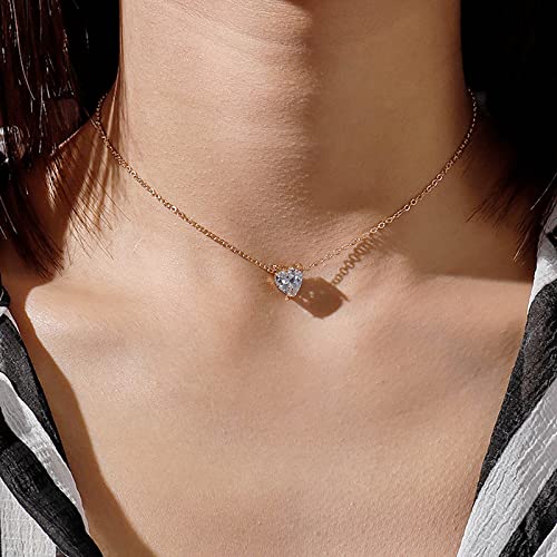 TseenYi Herz Cubic Zirkonia Halskette Funkelnde Herz Cz Halskette Kleines Herz Liebe Choker Halskette Kette Schmuck Für Frauen Und Mädchen Geschenke (Gold) von TseenYi