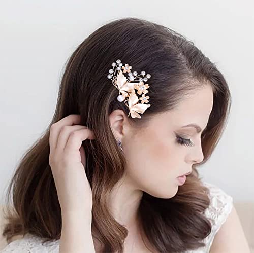 TseenYi Hochzeit Blumen Haarspange Gold Kristall Barrette Perlen Haarspange Butterflry Haarspange Perlen Haarspange Strass Braut Haarschmuck Für Frauen Und Mädchen von TseenYi