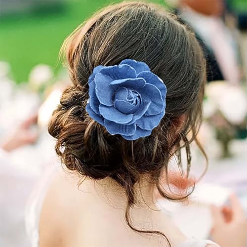TseenYi Kamelie Blume Haarspange Kopfbedeckung Stoff Blaue Blume Haarspange Blau Floral Clip Boho Blume Haarnadel Brosche Braut Hochzeit Kopfbedeckung Kopf-Clip Zwei-Wege-Schmuck Für Frauen von TseenYi