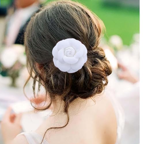 TseenYi Kamelie Blume Haarspange Kopfbedeckung Stoff Weiße Blume Haarspange Weiß Floral Clip Boho Blume Haarnadel Brosche Braut Hochzeit Kopfbedeckung Kopf Clip Zwei-Wege-Schmuck Für Frauen von TseenYi