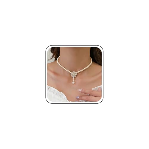 TseenYi Kamelie Perle Halskette Gold Perle Lariat Halskette Weiße Perle Strang Halskette Weiße Kamelie Halskette Perle Y-Form Halskette Vintage Perlenkette Halskette von TseenYi