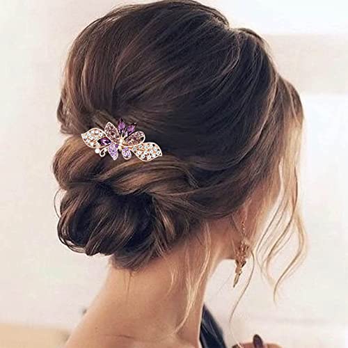 TseenYi Kristall Blume Butterfly Haarspange Gold Strass Edelstein Clip Bling Braut Französische Hochzeit Kopfbedeckung für Frauen und Mädchen (Mit Lila Kristall) von TseenYi