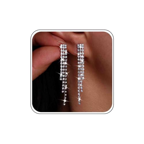 TseenYi Kristall Quaste Ohrringe Lange Quaste Ohrringe Silber Strass Lange Quaste Ohrringe Braut Quaste Ohrringe Lange Anhänger Ohrringe Schmuck für Frauen und Mädchen von TseenYi