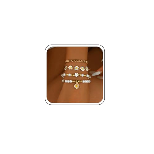 TseenYi Lagen Perlen Daisy Armband Sets Stapelbar Perle Stretch Armband Daisy Strang Armbänder Vintage Perlen Perlen Elastische Armbänder Mehrlagig Armreif Prinzessin Hochzeit Schmuck von TseenYi