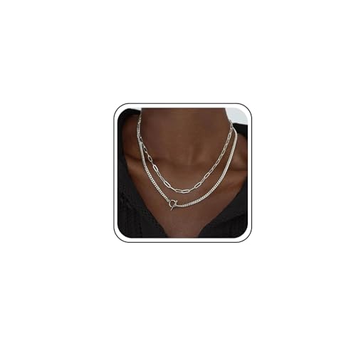 TseenYi Layered Chain Knebelverschluss-Halskette Silber Layered Necklace Grobkette OT-Verschluss-Halskette Paperclip Chain Choker-Halskette Verschluss-Knebelanhänger-Halskette Balkenkreis-Halskette von TseenYi