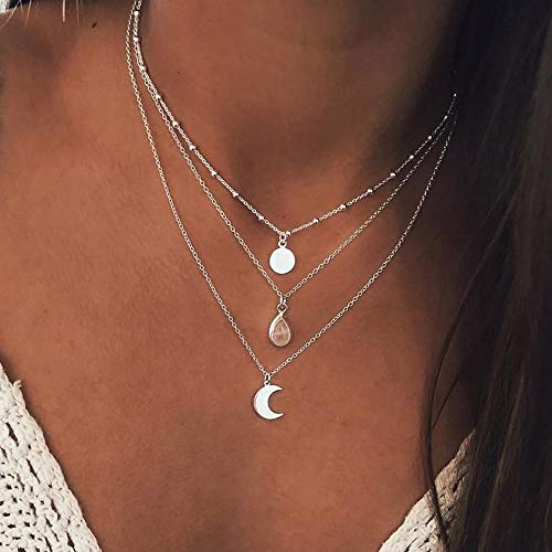 TseenYi Böhmische mehrschichtige Halskette Mode Mond Wassertropfen Pailletten Anhänger Perle Choker Silber Schlüsselbein Kette Boho Schmuck für Frauen und Mädchen von TseenYi