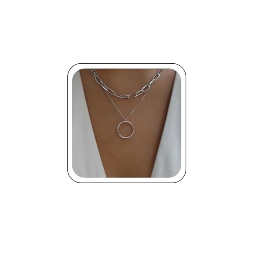 TseenYi Mehrlagige Offene Kreis Halskette Kreis Ring Halskette Silber Mehrlagige Choker Halskette Klobige Büroklammer Kette Mehrlagige Halskette Papier Kette Link Halskette Schmuck Für Frauen Und von TseenYi