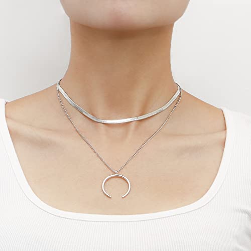 TseenYi Mondsichel Anhänger Halskette Boho Flach Fischgrätenkette Halskette Silber Mond Halskette Schlange Kette Choker Halskette Schmuck Für Frauen Und Mädchen Geschenke von TseenYi