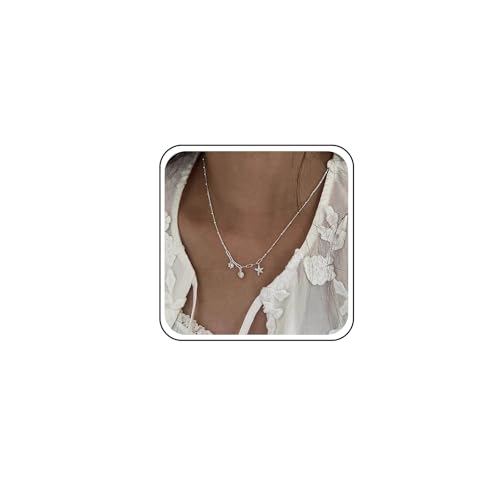 TseenYi Muschel-Seestern-Anhänger-Halskette Muschel-Stern-Halskette Silberne Büroklammer-Kettenanhänger-Halskette Kleine Kristall-Anhänger-Halskette Kauri-Seestern-Halskette Surfer-Strand-Halskette von TseenYi