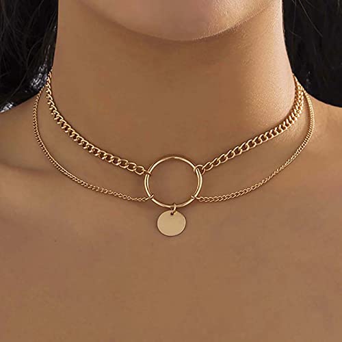 TseenYi Offener Kreis Anhänger Choker Geschichtet Scheiben Anhänger Choker Punk Großer Kreis Anhänger Halskette Gold Klobige Kette Choker Halskette Schmuck Für Frauen Und Mädchen von TseenYi