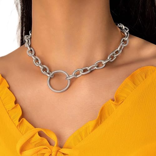 TseenYi Offener Kreis Halskette Punk Chunky Kette Choker Halskette Silber Kreis Ring Anhänger Halskette Dicke Kette Link Halskette Schmuck Für Frauen Und Mädchen Geschenke von TseenYi